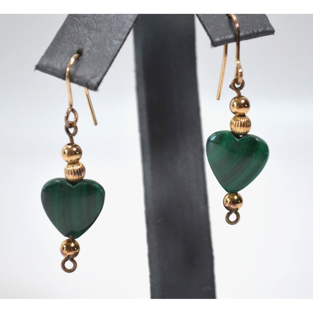 Vintage Gold Tone Pierced Wire Hook Earrings Heart Shaped Green ‎ 1.75"